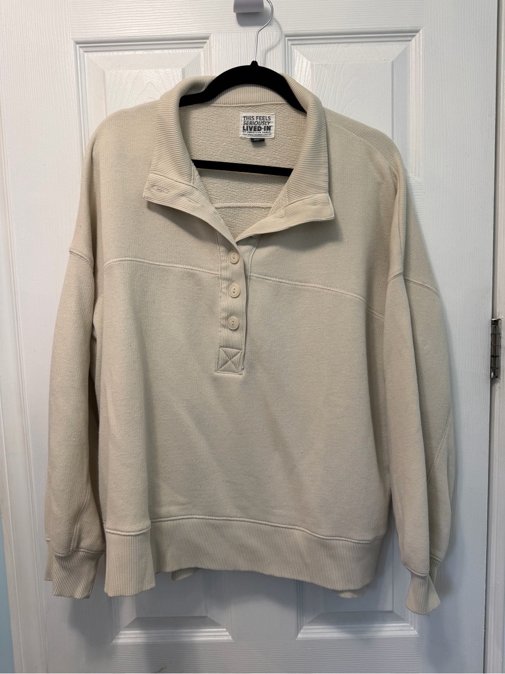 aerie Cream Button-Up Collar Pullover Sweatshirt